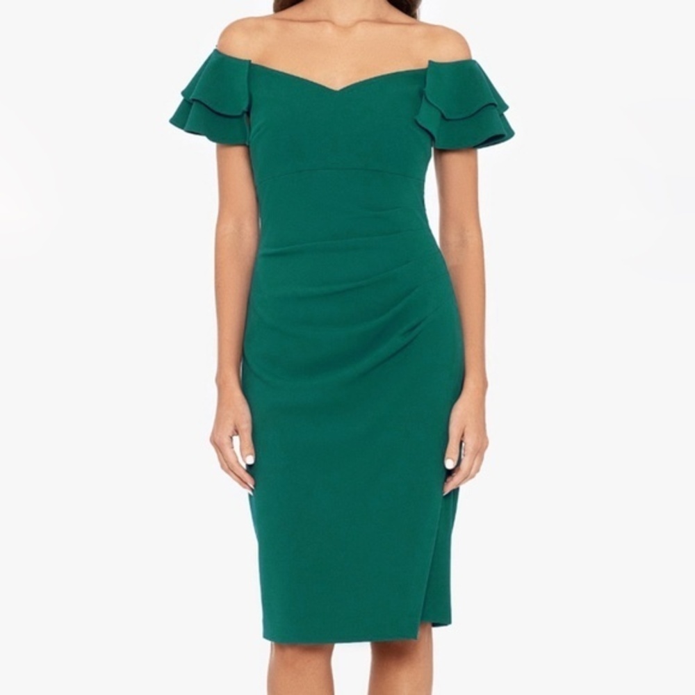 Betsy‎ & Adam | Off Shoulder Ruched Scuba Midi Ruffle Dress.